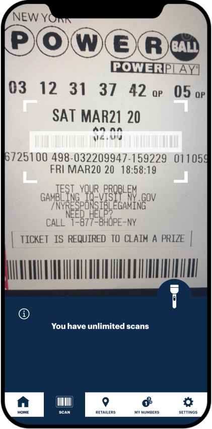 New York Lottery ticket scan functionality. User aligning overlay with physical ticket. 